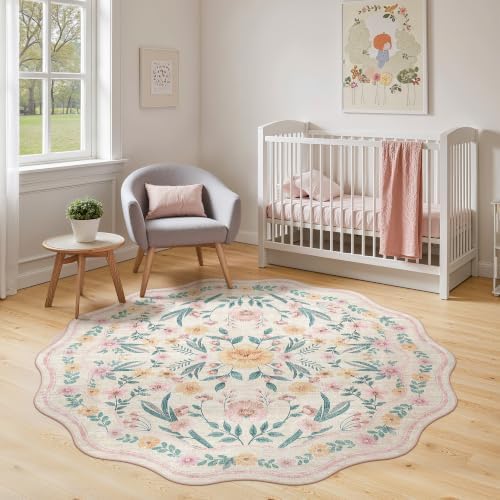 Round Rug 5ft, Scalloped Pink Floral Washable Nursery Rug by Dadasgk