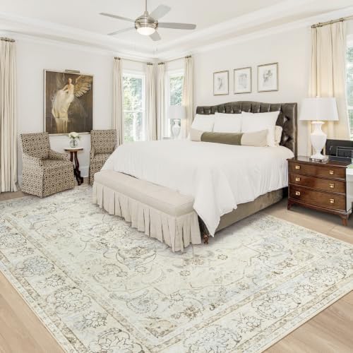 Area Rug 9x12 Washable Rug, Vintage Boho Medallion Rugs Non-Slip Soft Low Pile Large Distressed Rug Indoor Retro Carpet for Living Room Bedroom Dining Room Home Office(Cream/Light Blue, 9'x12') - Image 2