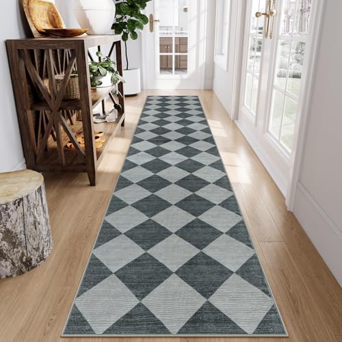 Beeiva Checkered Rug Runner for Hallways 2.5x12, Kitchen Runner Rugs Non Skid Washable Ultra Thin, Moroccan Extra Long Carpet for Bathroom Decor, Modern Plaid Carpet for Kitchen (Blue/Grey) - Image 3