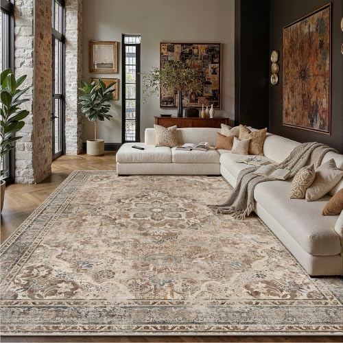 PureCozy Brown Area Rug 10x12 Living Room Vintage Floral Non-Slip Carpet by PureCozy