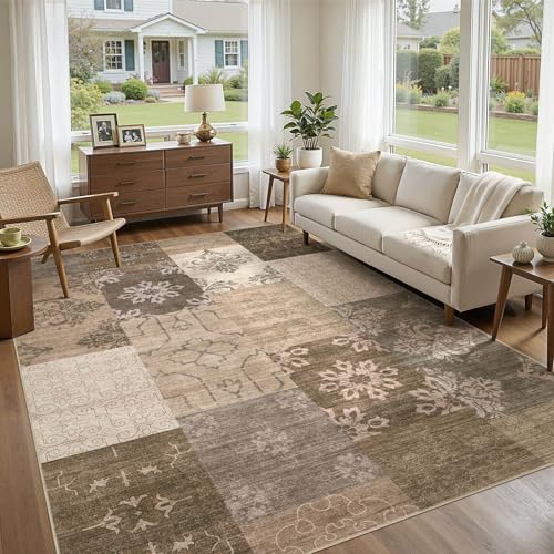 UERMEI 10x12 Area Rug for Living Room, Washable Brown Modern Geometric Patchwork Non Slip Stain Resistant Low Pile Foldable Carpet for Bedroom Dining Farmhouse Home Office by UERMEI