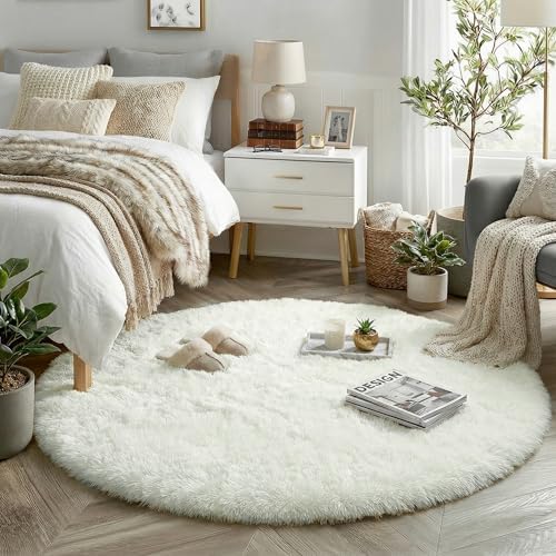 Amdrebio Ivory Cream White Round Area Rug 5Ft for Kids Bedroom Living Room by Amdrebio
