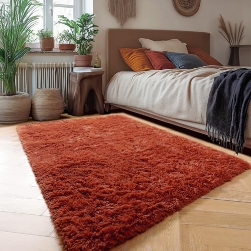 Amdrebio Terracotta Furry Small Area Rug 3x5 for Kids Bedroom Living Room - Image 3