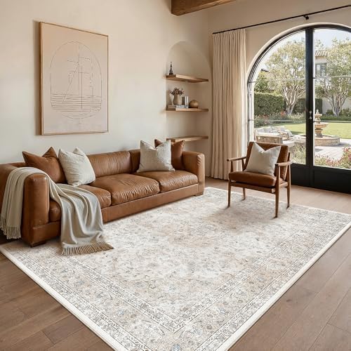5x8 Washable Area Rug Beige Grey Non Slip Vintage Carpet by WondRg