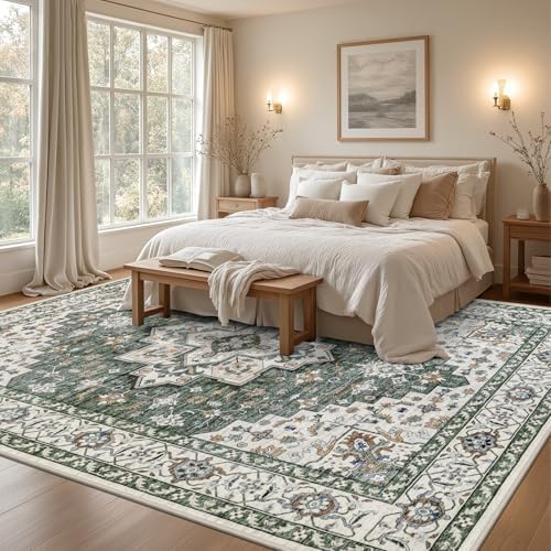 9x12 Area Rugs Living Room: Washable Rug for Bedroom Green Ivory - Image 4