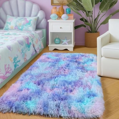 Amdrebio Purple Rainbow Mermaid Small Mini Cute Rug 2x3 for Girls Bedroom by Amdrebio