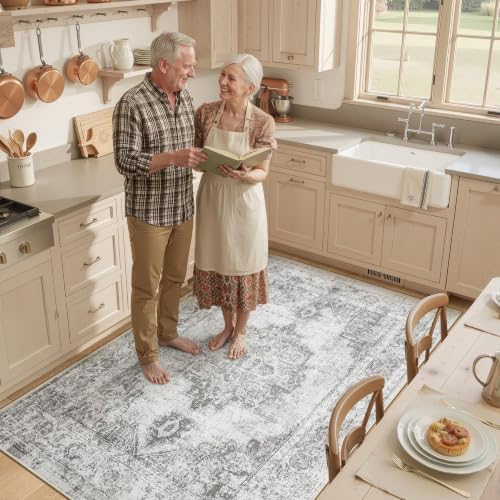 Area Rug 4x6 Vintage Rugs: Washable Indoor Medallion Rug Low Pile Distressed Floor Carpet Retro Accent Rugs for Living Room Bedroom Kitchen Dining Table Home Office(Grey, 4'x6') - Image 3