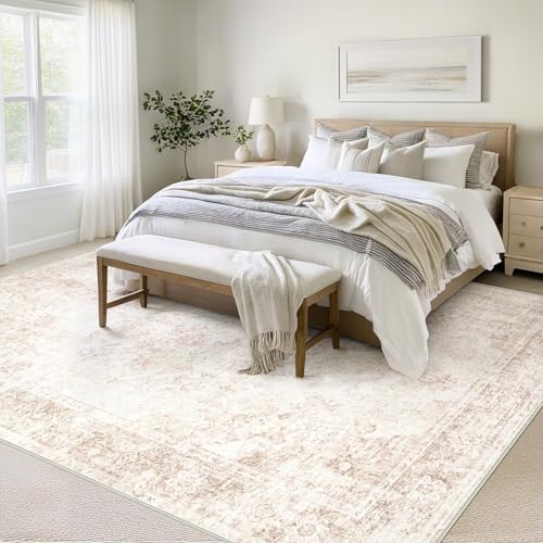 Vintage Living Room Area Rug - 9x12 Large Machine Washable Boho Moroccan Rug Distressed Farmhouse Rugs for Bedroom - Soft Non-Slip Indoor Carpet for Dining Room Office Nursery(Retro Beige, 9'x12') - Image 3