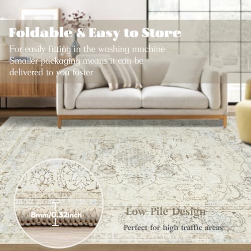 Area Rug 9x12 Washable Rug, Vintage Boho Medallion Rugs Non-Slip Soft Low Pile Large Distressed Rug Indoor Retro Carpet for Living Room Bedroom Dining Room Home Office(Cream/Light Blue, 9'x12') - Image 7