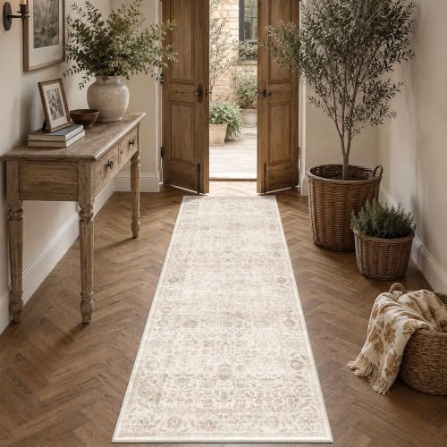 Washable 2.6x8 Kitchen Non-Slip Runner Rug Vintage Beige Throw Carpet by HOME