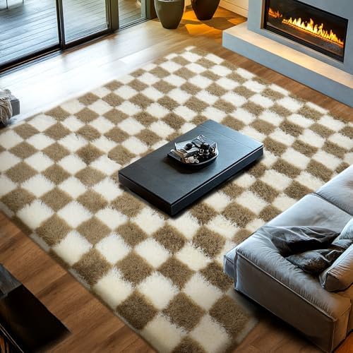 Topmaxcs 8x10 Fluffy Living Room Rug: Beige and White Checkered Rugs - Image 3