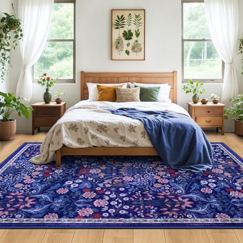 PLHXFR Area Rug Living Room: 4x6 Floral Washable Boho Soft Carpet Blue - Image 3