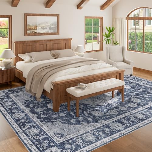 DUKINO 9x12 Area Rugs, Non Slip Distressed Living Room Rugs, Soft Large Washable Area Rugs with Low Pile & No Shedding, Faux Wool Rugs for Bedroom Aesthetic, Dining Room, Blue - Image 3