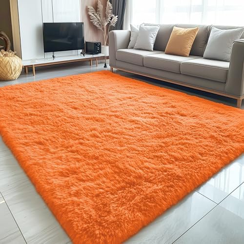 OLANLY 5x7 Machine Washable Large Area Rugs for Living Room, Bedroom, Soft Fluffy Shaggy Bedside Rug, Indoor Floor Carpet for Kids Girls and Boys, Dorms, Home Decor Aesthetic, Orange - Image 3