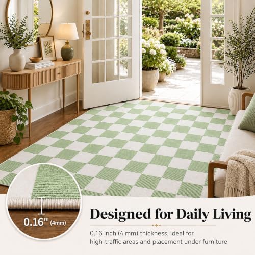 2x3 Checkered Area Rug for Living Room, Soft Low Pile Light Green rugs - Image 6