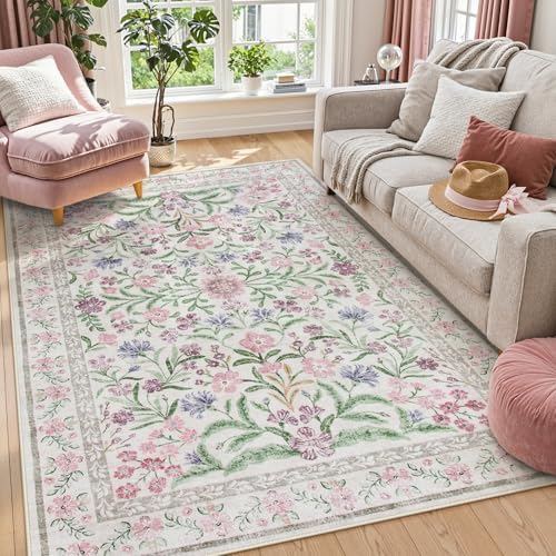 Lahome Boho Purple Floral 5x7 Area Rugs, Washable Rugs for Bedroom Nursery by Lahome