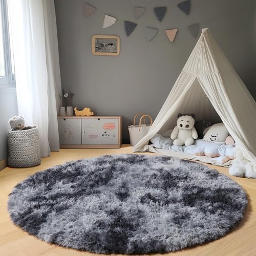 ONASAR Tie-Dyed Dark Grey Round Area Rugs 5ft, Ultra Soft Bedroom Circle Rug for Kids Girls Teen Room, Fluffy Plush Shaggy Carpet Floor Mats for Baby Nursery Living Room Playroom Home Decor - Image 6