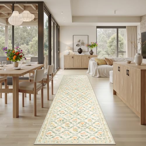PLHXFR 2.6x10 Washable Runner Rug：Floral Indoor Kitchen Carpet Beige Multi - Image 4