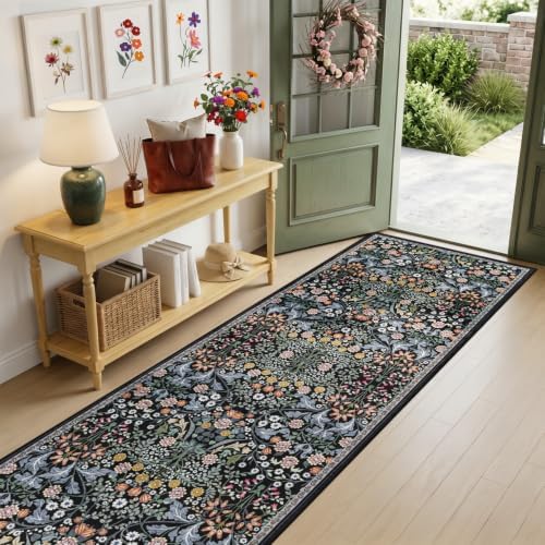 PLHXFR 3x10 Washable Runner Rug：Floral Indoor Kitchen Carpet Dark Black - Image 2