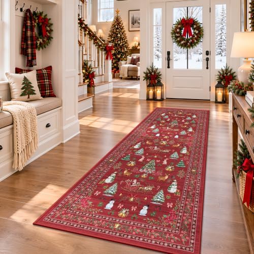 Christmas Runner Rug 2x6 Red Washable Rugs for Hallway, Soft Non-Slip Low Pile Christmas Tree Santa Claus Snowman Carpet for Kitchen Entryway Bedroom Kids Nursery Holiday Throw Home Decor(Santa Claus) - Image 3