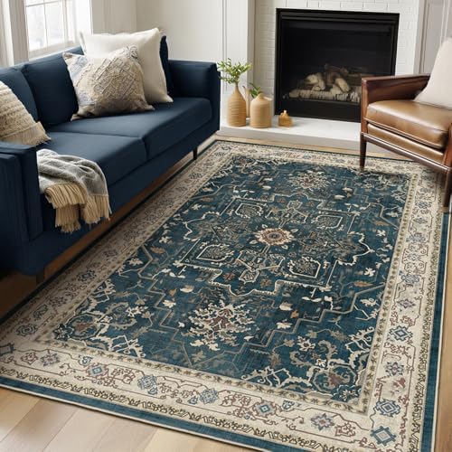 Distressed Vintage 5x7 Area Rugs for Living Room Bedroom Non Slip Washable, Medallion Pattern Printed Low Pile Farmhouse Carpet Rugs for Dining Room/Kitchen/Home Office, Deep Blue/Multi by Jainmy