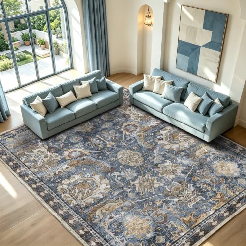 RUGSURE Washable Area Rugs - Perfect for Living Room, Bedroom, Kids Room, Nursery - Stain & Water Resistant Non-Slip, Pet & Child Friendly, Vintage Tribal Area Rugs (Navy, 9' x 12') by RUGSURE