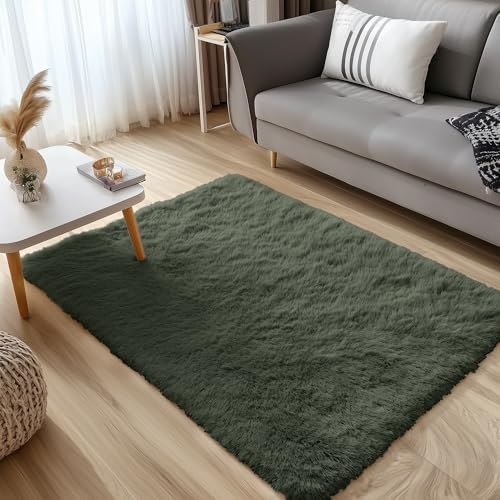 OLANLY 3x5 Machine Washable Small Bedside Rug, Soft Fluffy Shaggy Rugs for Living Room, Bedroom, Indoor Floor Carpet for Kids Girls and Boys, Preppy Dorms, Nursery, Home Decor Aesthetic, Olive Green - Image 5