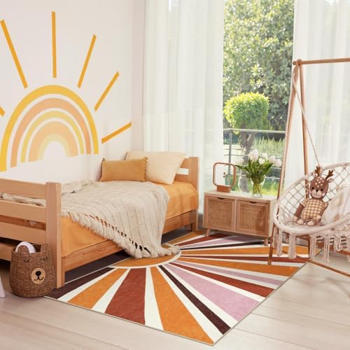 LIVEBOX Boho Rug 3x5 Rainbow Sun Rug for Kids Room, Soft Washable Small Entryway Rugs for Mushroom Indoor Entry, Non-Slip Yellow Nursery Rugs Boho Carpet for Bedroom Dorm - Image 2