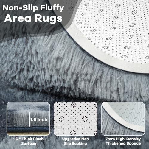6x9 Large Tie-Dyed Blue and Grey Fluffy Area Rug Non-Slip for Kids Bedroom - Image 4