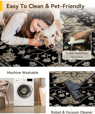 RELEANY Washable Area Rug, Round 8ft, Black/Neutral - Image 5