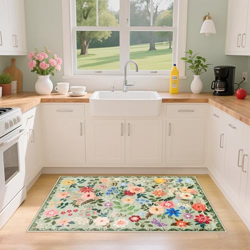 PLHXFR 2x3 Small Entryway Rug: Floral Washable Indoor Soft Carpet Green - Image 4