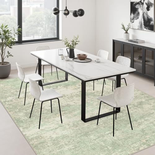 Area Rug Living Room: 4x6 Modern Washable Soft Carpet Green Cream - Image 4