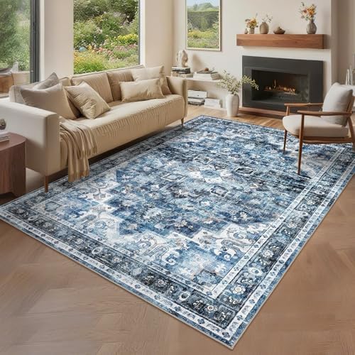 GarveeHome 9x12 Washable Rugs for Living Room Vintage Area Rug Blue by GarveeHome