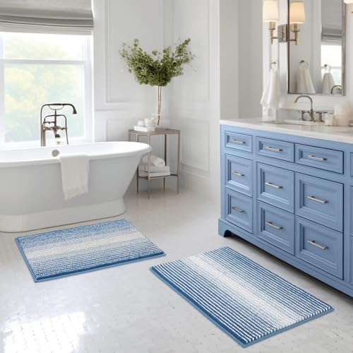 BSICPRO Bathroom Rugs Sets 2 Piece, Non Slip Striped Bath Mats, Sky Blue by BSICPRO