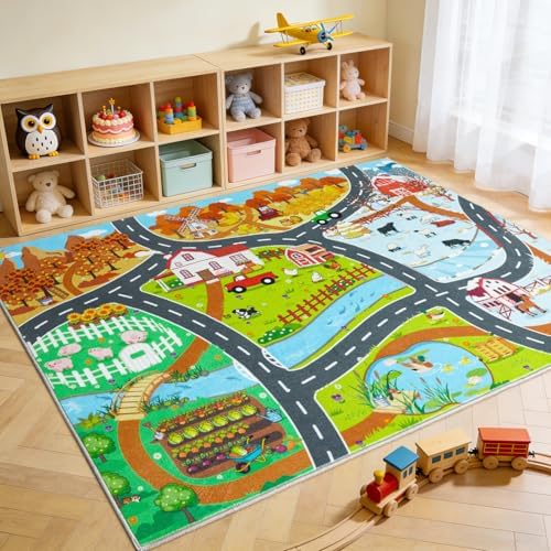 Car Rug Play Mat for Kids Toy Cars, 8' x 10' Town Country Barn Track Rug - Image 6