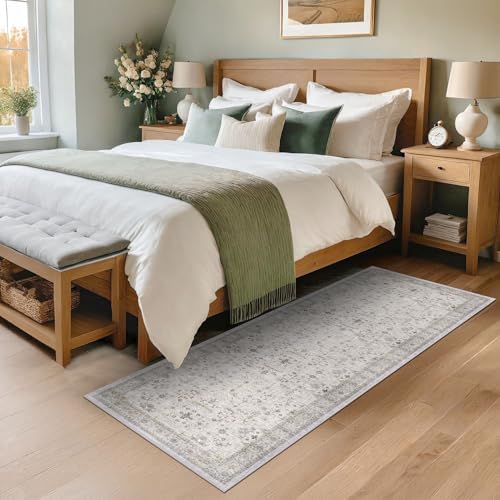 Hazo Haus Boho 2x5 Floral Bathroom Runner Rug - Washable Low Pile Runner Rugs for Laundry Room, Door Mat Indoor Entrance, Neutral Light Gray & Sage Geometric Decor & Stain Resistance - Image 6