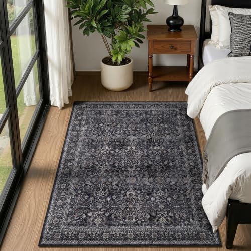 Dark 4x6 Washable Rug, Small Area Rugs Non Slip for Entryway Kitchen Bathroom, Vintage Farmhouse Low Pile Thin Throw Carpet Rug for Foyer/Nursery/Home Office/Living Room, Midnight - Image 3
