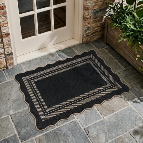 LIVEBOX Scalloped Easy Jute 2x3 Front Door Mat Black Kitchen Rug, Washable Small Indoor Outdoor Rug for Entryway, Tan Non Slip Farmhouse Area Rugs, Neutral Carpet Doormat for Porch Doorway Foyer - Image 2