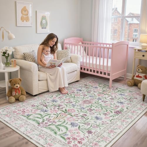 Lahome Boho Purple Floral 5x7 Area Rugs, Washable Rugs for Bedroom Nursery - Image 6