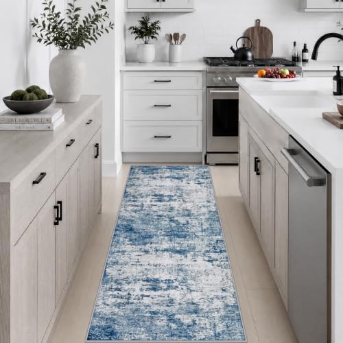 2x6 Washable Runner Rug：Modern Abstract Kitchen Soft Carpet Blue by FXRHLP
