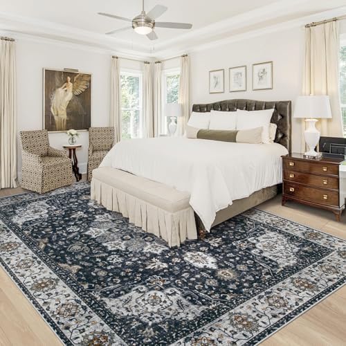 Area Rug 8x10 Washable Rug, Vintage Boho Medallion Rugs Non-Slip Soft Low Pile Large Distressed Rug Indoor Retro Carpet for Living Room Bedroom Dining Room Home Office (Vintage Black, 8'x10') - Image 2