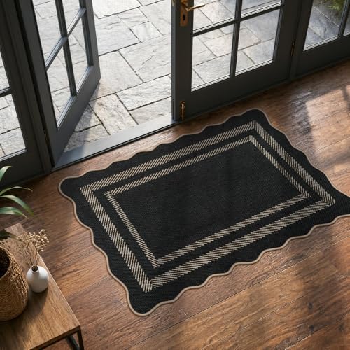LIVEBOX Scalloped Easy Jute 2x3 Kitchen Rug, Black Front Door Mat Small Indoor Outdoor Rug for Entryway, Washable Non Slip Farmhouse Area Rugs, Tan Neutral Carpet Doormat for Porch Doorway Foyer by LIVEBOX