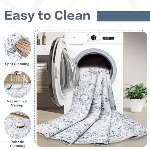 10x14 Area Rugs for Living Room: Washable Rug Vintage Large Rugs Soft Non Slip Low Pile Rug Floral Distressed Floor Carpet for Bedroom Nursery Dining Room Home Office (Blue,10'x14') - Image 5