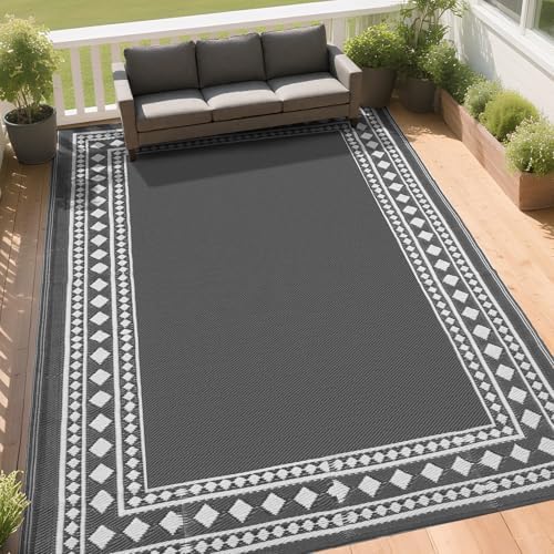 RURALITY Outdoor Rugs 5x8 Waterproof for Patios Clearance,Plastic Straw Mats for Backyard,Porch,Deck,Balcony,Grey and White - Image 3