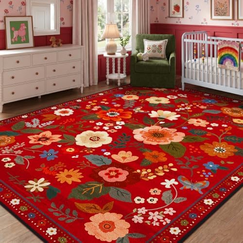 Floral Washable 8x10 Area Rugs Red/Orange - Image 6
