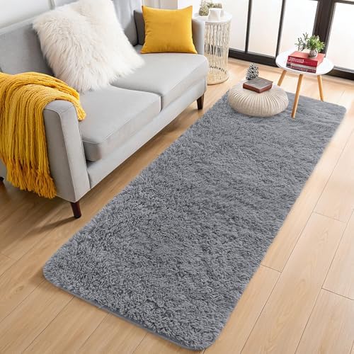 OLANLY 2x8 Machine Washable Runner Rugs for Hallway, Soft Fluffy Shaggy Bedside Rugs for Bedroom, Living Room, Indoor Floor Carpet for Kids Girls Boys, Nursery Rooms, Home Decor Aesthetic, Light Grey by OLANLY