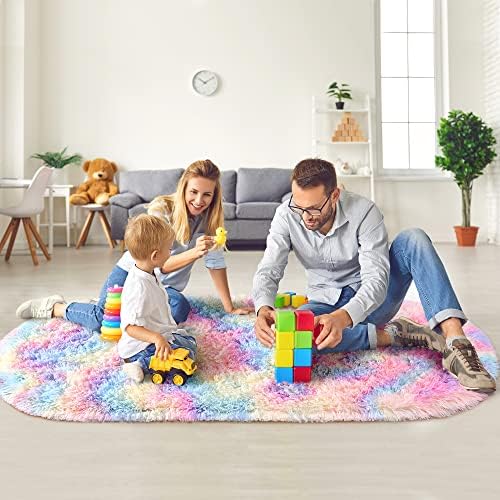 2x5 Rainbow Fluffy Soft Oval Rug Non-Slip for Kids Bedroom Nursery Playroom - Image 6