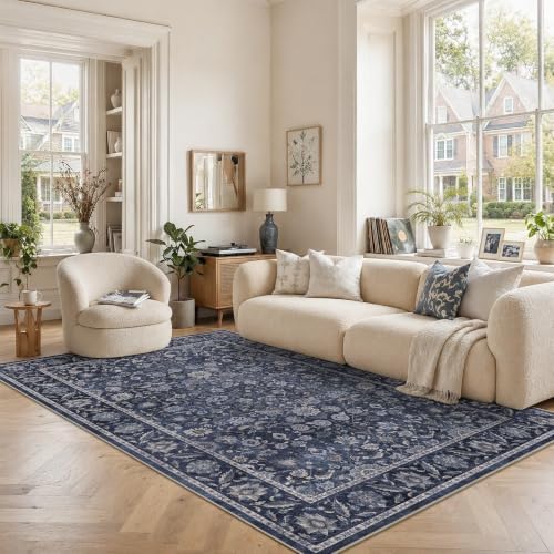 Washable 6x9 Bedroom Non-Slip Area Rug Boho Denim Blue Large Carpet by HOME