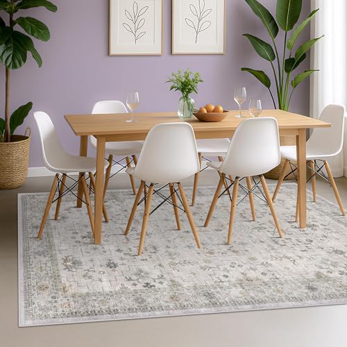 Boho Large Living Room Rug 8x12 - Washable Low Pile Area Rug for Dining Room, Neutral Light Gray & Sage Bedroom Carpet, Distressed Vintage Floral Design, Low Pile Stain Resistant - Image 6