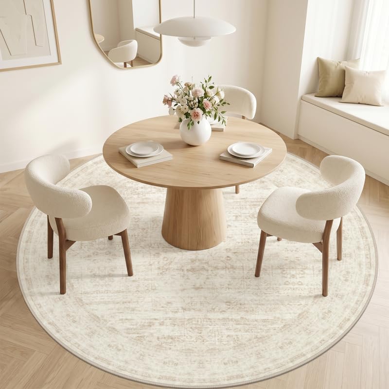 Round Area Rug Living Room: 8ft Washable Carpet Retro Beige - Image 2